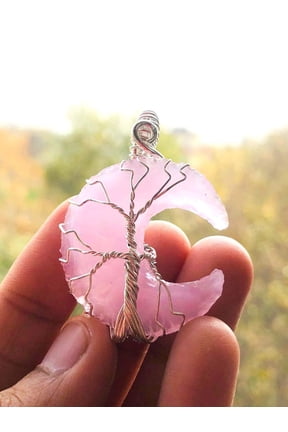 crystalmiracle Rose Opalite Cresent Moon Stone Pendant Wire Wrapped Healing Fashion Jewelry Gift Handcrafted Accessory