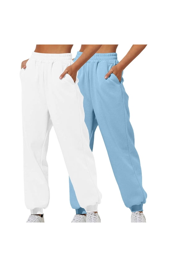 2 Pack Joggers for Women Casual Lightweight Elastic Waist Baggy Sweatpants with Pockets Fall Winter Casual Workout Hiking Lounge Sweat Pants Light Blue L