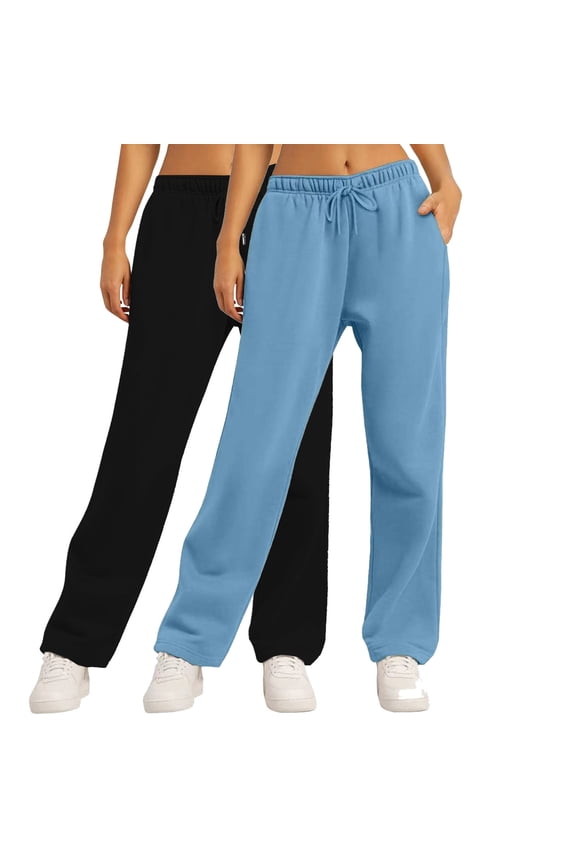 2 Pack Women's Basic Solid Sweatpants Comfy Drawstring Elastic Waist Joggers Fall Winter Lounge Trousers with Pockets Light Blue L