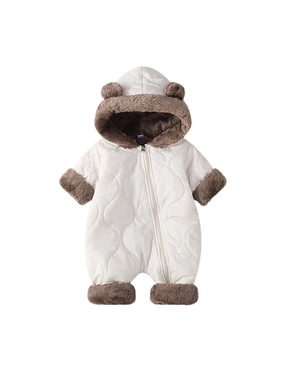 Baby Light Padded Winter Romper, Zipper Bear Ear Down Hooded Infant Onesie, Fleece Lined Windproof Warm Baby Jumpsuit