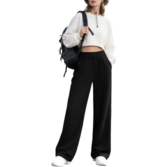 ctdiral Baggy Straight Leg Sweatpants for Women Fall Fashion Elastic High Waist Joggers Casual Solid Workout Pants with Pockets Black S