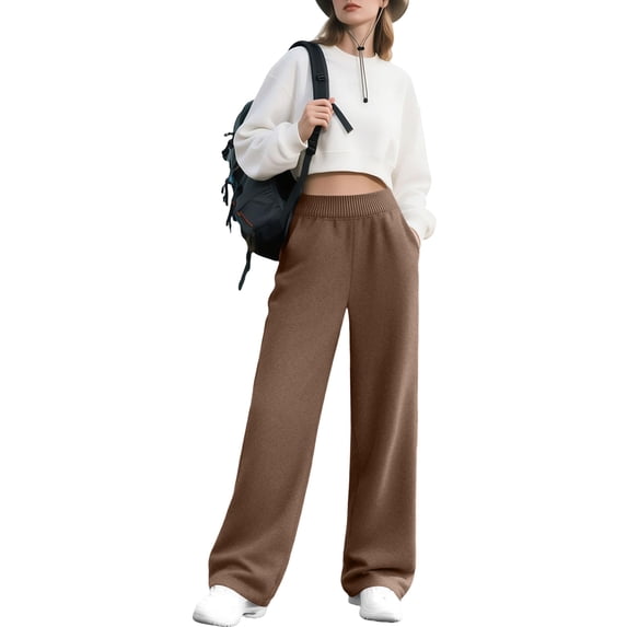 ctdiral Baggy Straight Leg Sweatpants for Women Fall Fashion Elastic High Waist Joggers Casual Solid Workout Pants with Pockets Coffee S