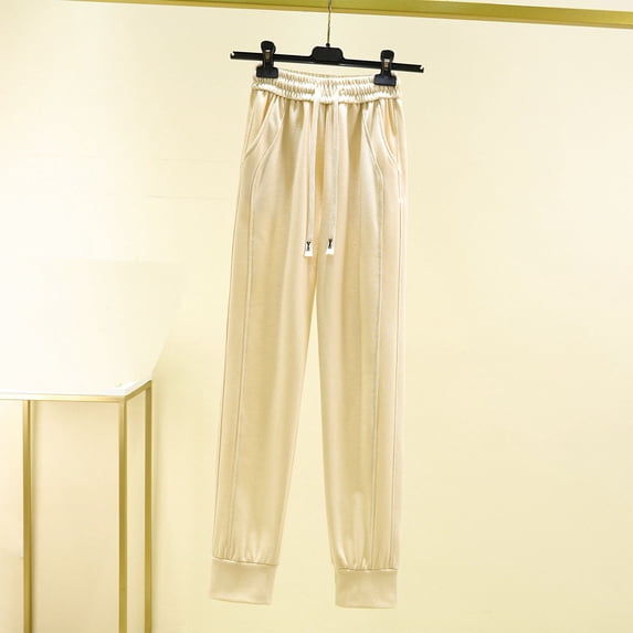 ctdiral Fall Cotton Sweatpants for Women Elastic Waisted Drawstring Long Pants Solid Color Baggy Tapered Pants Casual Lightweight Thin Straight Trousers with Pockets Beige M