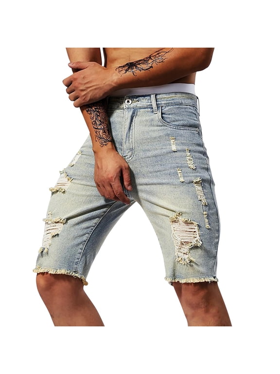 Men's Ripped Denim Shorts Summer Casual Loose Fit Frayed Hem Knee-Length Jean Shorts Vintage Distressed Streetwear Shorts with Pockets
