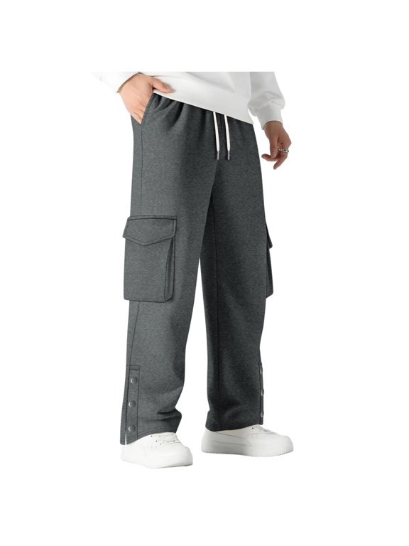 Mens Casual Cargo Pants Drawstring Elastic Waist Snap Button Pants Fall Loose Fit Pant with Multi Pockets Dark Gray XL