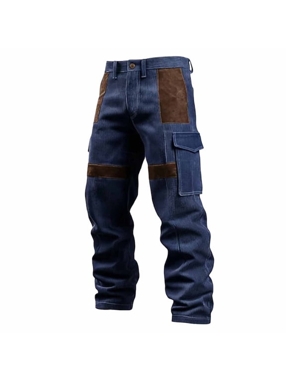 Mens Corduroy Cargo Pants Elastic Waist Color Block Long Pant Fall Casual Daily Wear with Multiple Pockets Navy L