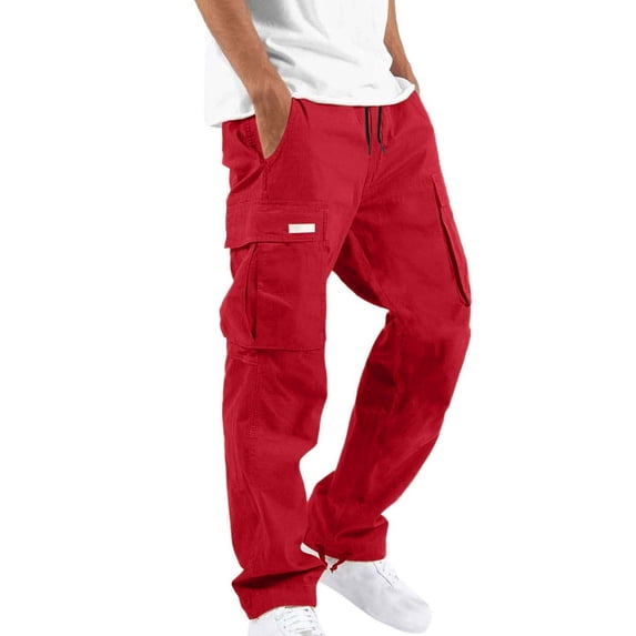 ctdiral Mens Cotton Cargo Pants Elastic Waist Adjustable Hem Pant Fall Lounge Daily Wear with Multi Pockets Red XXXL