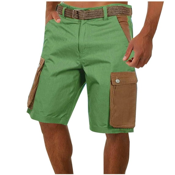 ctdiral Mens Linen Cargo Shorts Casual Loose Fit Button Work Shorts Summer Multi Pockets Beach Shorts Trendy Color Block Lounge Short Pants