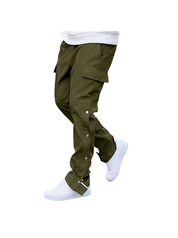 Mens Outdoor Quick Dry Cargo Pants Adjustable Hem Snap Button Down Trousers Elastic Waist Long Pant with Multiple Pockets Army Green S