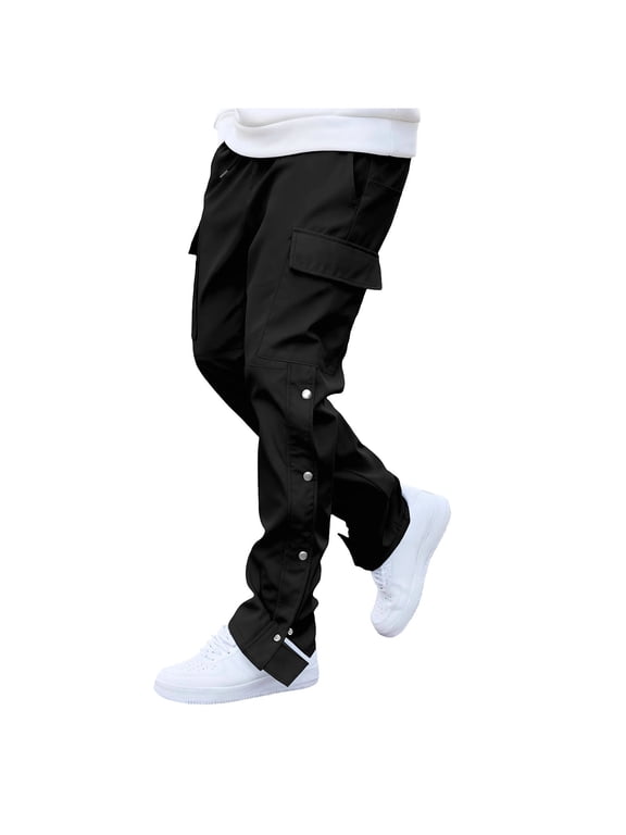 Mens Outdoor Quick Dry Cargo Pants Adjustable Hem Snap Button Down Trousers Elastic Waist Long Pant with Multiple Pockets Black L