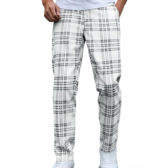 ctdiral Mens Plaid Straight Leg Pants Loose Fit Long Pant with Pockets Fall Fashion Comfy Going Out Trousets White S