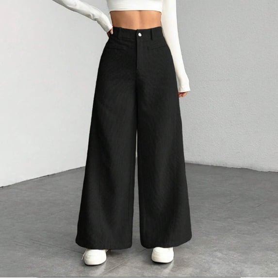 ctdiral Palazzo Pants for Women Corduroy Wide Leg Pants with Pockets Solid Color Baggy Work Trousers Dressy Elastic Waist Button Office Long Pants Black XXL