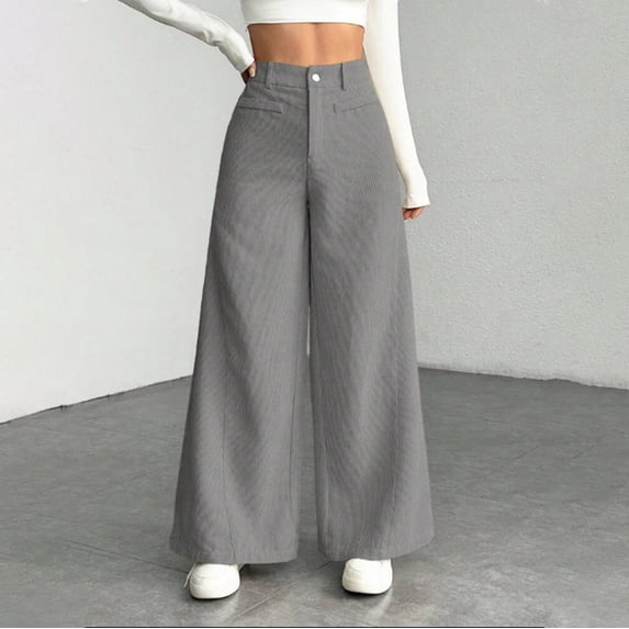 ctdiral Palazzo Pants for Women Corduroy Wide Leg Pants with Pockets Solid Color Baggy Work Trousers Dressy Elastic Waist Button Office Long Pants Gray S
