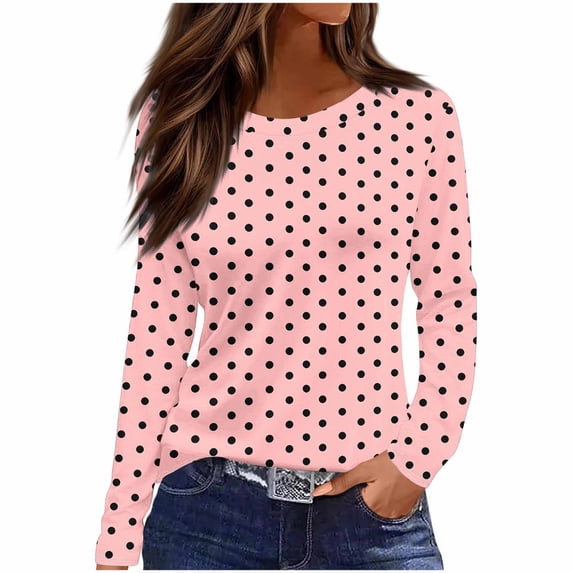 ctdiral Polka Dot Long Sleeve Tops for Women Crew Neck Loose Fit Shirt Soft Stretchy Pullover Fall Lounge Comfy Daily Wear Pink S