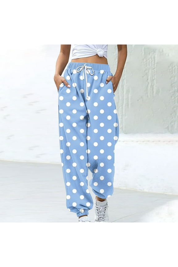 Polka Dot Sweatpants for Women Soft Lightweight Joggers Elastic High Waisted Drawstring Long Pants Casual Loose Fit Cozy Athletic Pants with Pockets Light Blue M