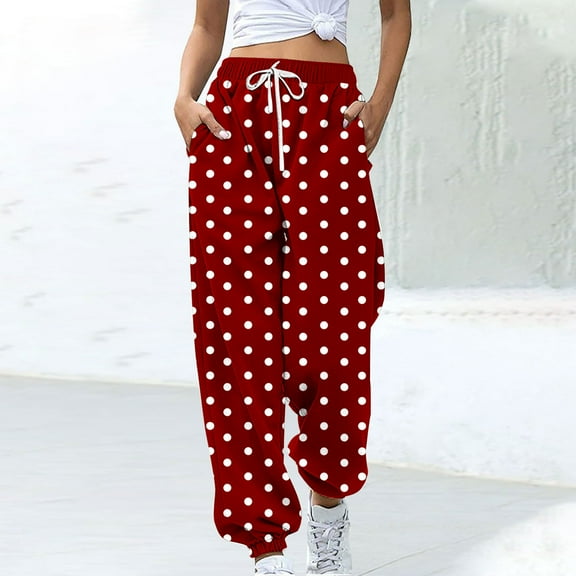 ctdiral Polka Dot Sweatpants for Women Soft Lightweight Joggers Elastic High Waisted Drawstring Long Pants Casual Loose Fit Cozy Athletic Pants with Pockets Wine L