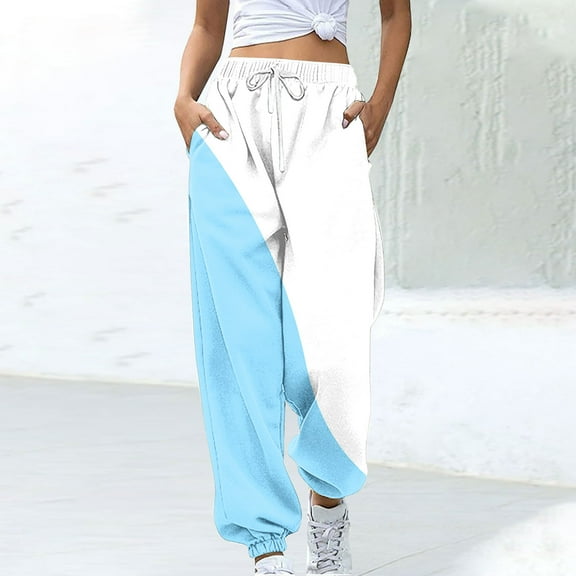 ctdiral Sweatpants for Women Baggy High Waisted Color Block Joggers Fall Thin Fleece Sweat Pants with Pockets Fashion Streetwear Y2k Tapered Trousers Light Blue XL
