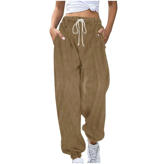 ctdiral Sweatpants for Women Fall Thin Corduroy Long Pants Casual High Waisted Drawstring Tapered Pants with Pockets Solid Color Baggy Joggers Lounge Pants Brown L