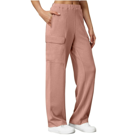 ctdiral Sweatpants for Women High Waist Stretch Straight Trousers Solid Color Multi Pockets Wide Leg Pants Casual Loose Fit Cargo Sports Pants Pink XL