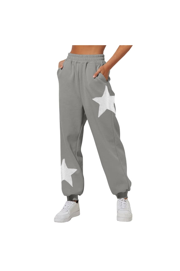 Sweatpants for Women Wide Leg Baggy Straight Leg Trousers Stars Print Joggers with Pockets Fall Elastic Waisted Tapered Workout Long Pants with Pockets Gray M
