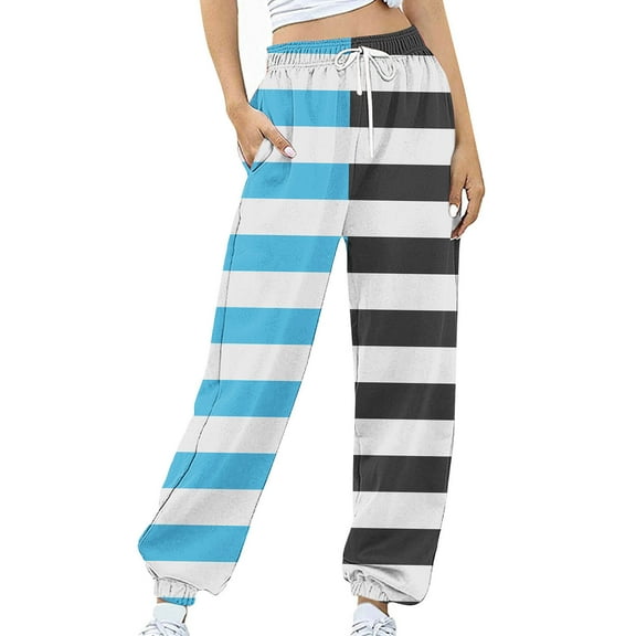ctdiral Sweatpants for Women Striped Color Block Joggers with Pockets Stretchy Soft Baggy Workout Pants Gym Jogging Tapered Pants Sky Blue S
