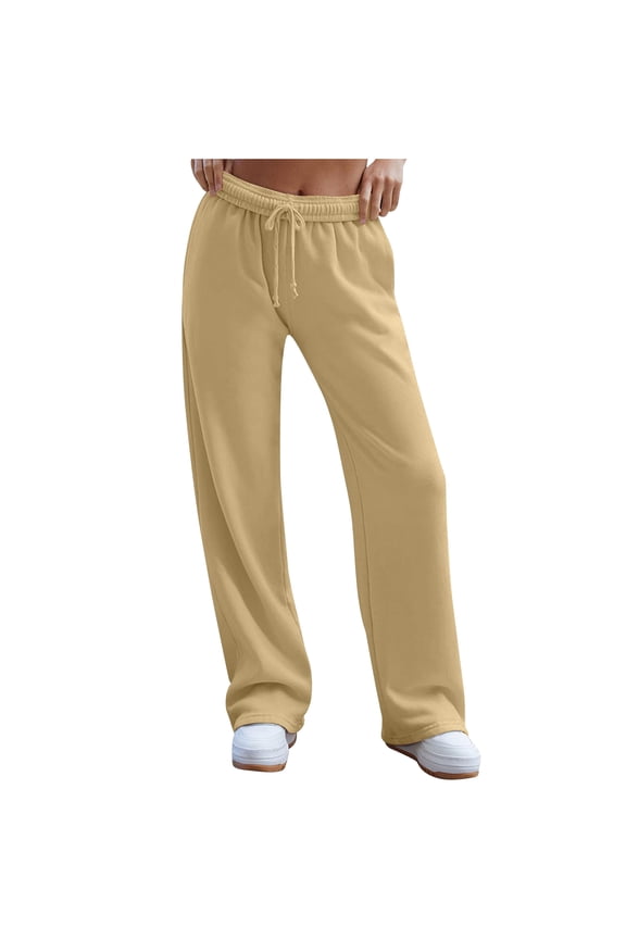Wide Leg Sweatpants Women Casual Baggy Y2k Jogger Pants Stretchy Drawstring Soft Straight Leg Pants with Pockets High Waisted Preppy Long Sweat Pants Khaki S