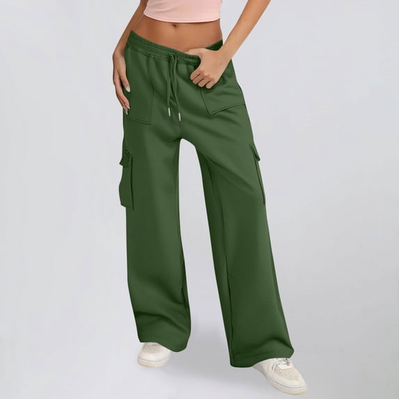 ctdiral Wide Leg Sweatpants Women High Waisted Drawstring Cargo Pants Fall Lightweight Thin Fleece Jogger Casual Solid Color Baggy Joggers with Pockets Army Green XXL