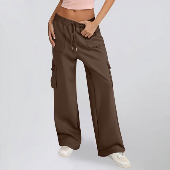 ctdiral Wide Leg Sweatpants Women High Waisted Drawstring Cargo Pants Fall Lightweight Thin Fleece Jogger Casual Solid Color Baggy Joggers with Pockets Brown L