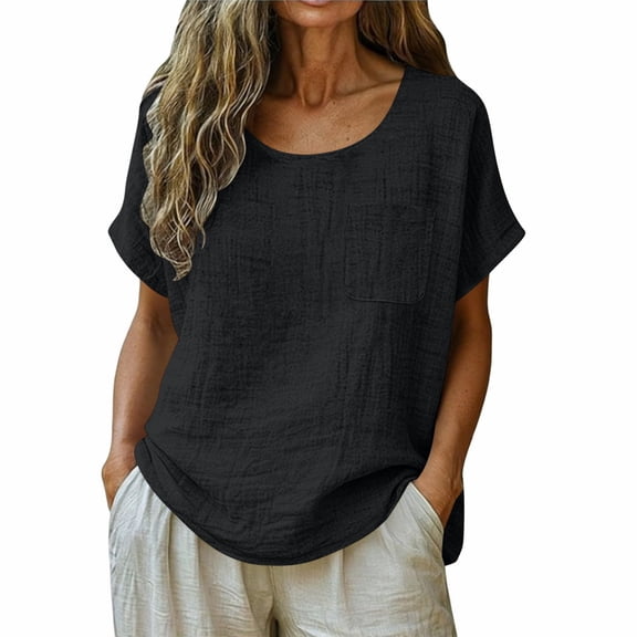 ctdiral Women Cotton Linen Shirts Solid Color V Neck Tees 3/4 Length Sleeve Loose Fit T Shirt Summer Comfy Vacation Tops Black XXXL