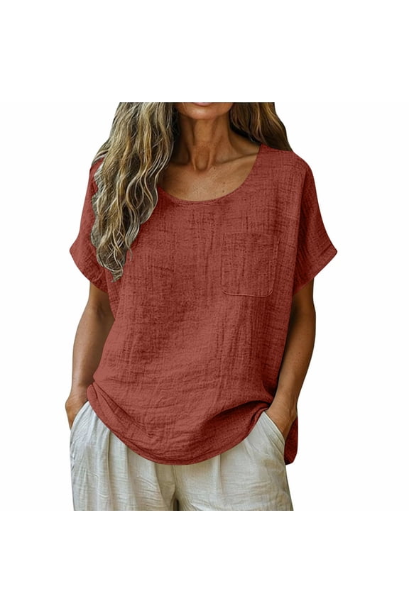 Women Cotton Linen Shirts Solid Color V Neck Tees 3/4 Length Sleeve Loose Fit T Shirt Summer Comfy Vacation Tops Coffee XXXL