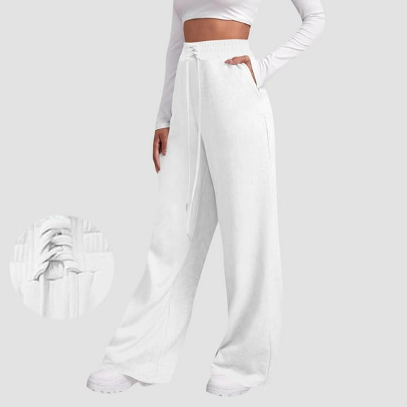ctdiral Women Wide Leg Pleated Sweatpants Fashion Baggy Athletic Joggers Drawstring Waist Lounge Pants with Pockets Casual Lightweight Yoga Pants White XL