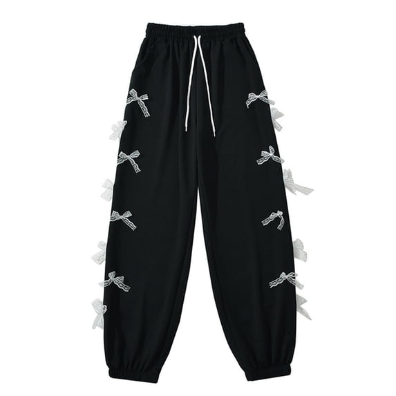 ctdiral Women's Baggy Sweatpants Elastic Waist Casual Bow Wide Leg Pants with Pocket Y2K Going Out Travel Pants Fashion Drawstring Lounge Long Pants Black L