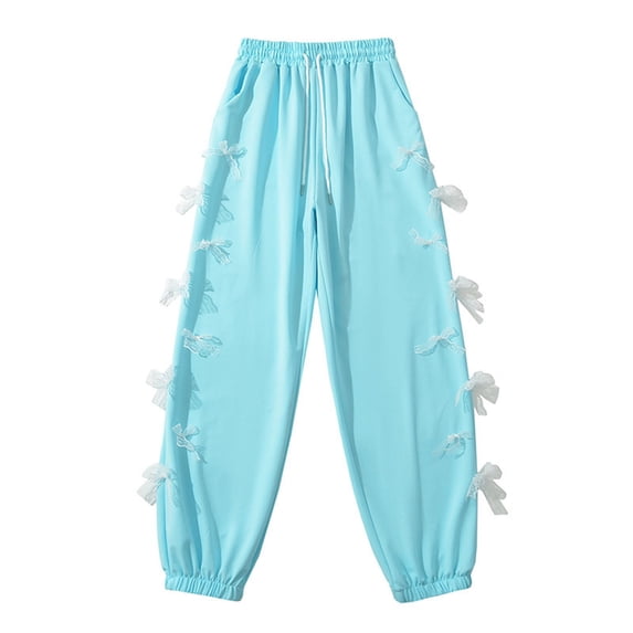 ctdiral Women's Baggy Sweatpants Elastic Waist Casual Bow Wide Leg Pants with Pocket Y2K Going Out Travel Pants Fashion Drawstring Lounge Long Pants Blue M