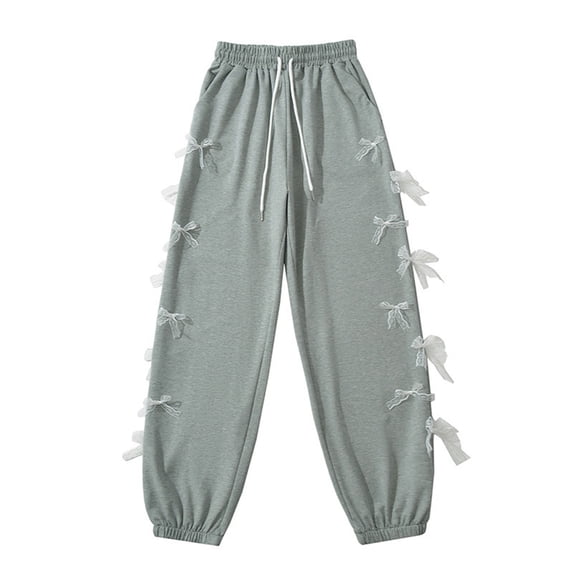 ctdiral Women's Baggy Sweatpants Elastic Waist Casual Bow Wide Leg Pants with Pocket Y2K Going Out Travel Pants Fashion Drawstring Lounge Long Pants Gray S