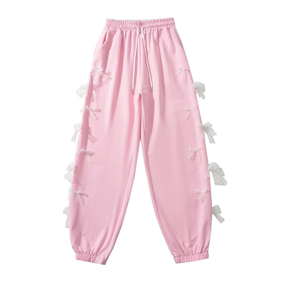 ctdiral Women's Baggy Sweatpants Elastic Waist Casual Bow Wide Leg Pants with Pocket Y2K Going Out Travel Pants Fashion Drawstring Lounge Long Pants Pink XL