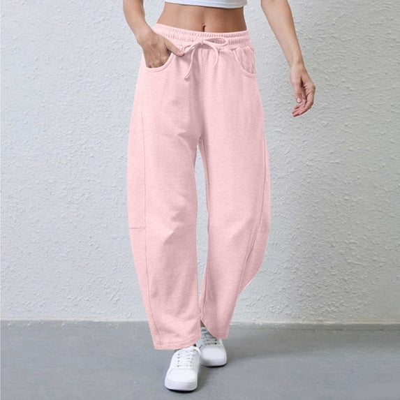ctdiral Women's Barrel Leg Sweatpants Baggy Drawstring Wide Leg Pants Casual Lightweight Thin Fleece Lounge Sweat Pants with Pockets Pink L
