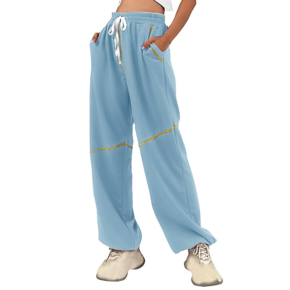 ctdiral Women's Drawstring Sweatpants Stretchy High Waisted Wide Leg Sweatpants with Pockets Casual Baggy Stripe Joggers Tapered Sweat Pants Sky Blue XL