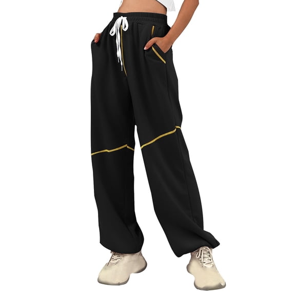 ctdiral Women's Drawstring Sweatpants Stretchy High Waisted Wide Leg Sweatpants with Pockets Casual Baggy Stripe Joggers Tapered Sweat Pants Black XL
