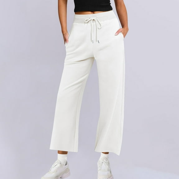 ctdiral Women's Wide Leg Pants High Waist Drawstring Sweatpants Joggers with Pockets Casual Loose Fit Lightweight Straight Trousers White S