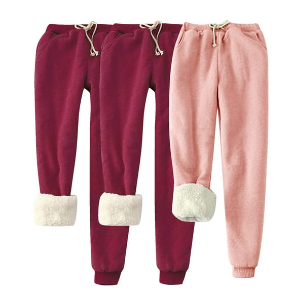 ctdiral Women's Winter Warm Sweatpants 3 Pack Sherpa Lined Sweatpants Winter Fleece Warm Lounge Long Pants Plus Size Drawstring House Wear Trousers with Pockets Red M
