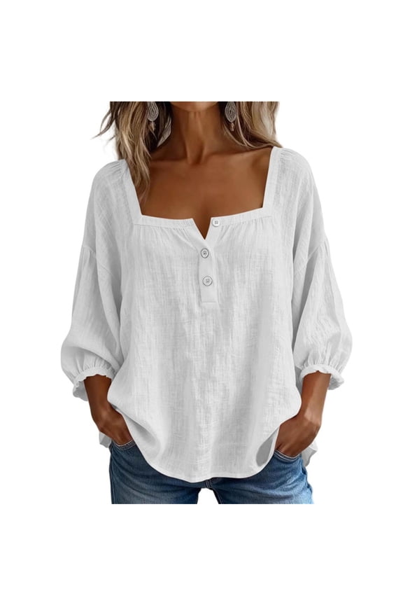 Womens 3/4 Length Sleeve Blouses Solid Color Cotton Linen Shirts Square Neck Button Down Tunic Tops Fall Casual Comfy Tops White L