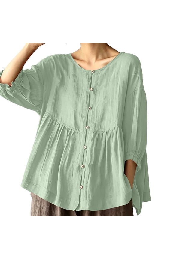 Womens 3/4 Sleeve Cotton Blouses Crew Neck Button Down Shirts Solid Color Loose Fit Tunic Tops Fall Casual Comfy Clothes Green L