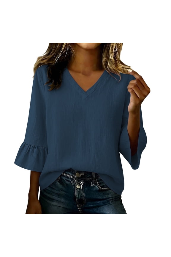 Womens 3/4 Sleeve V Neck Shirts Solid Color Ruffle Sleeve Blouses Comfy Lightweight Tunc Tops Casual Going Out Tops Navy XXL