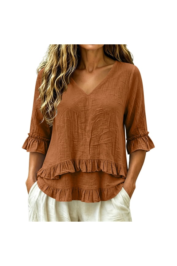 Womens 3/4 Sleeve V Neck Shirts Solid Color Ruffle leeve Blouses Casual Loose Fit Tunic Tops Fall Comfy Lounge Tops Orange L