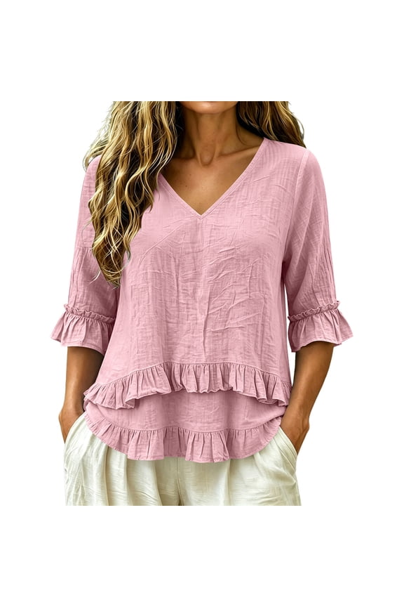 Womens 3/4 Sleeve V Neck Shirts Solid Color Ruffle leeve Blouses Casual Loose Fit Tunic Tops Fall Comfy Lounge Tops Pink L