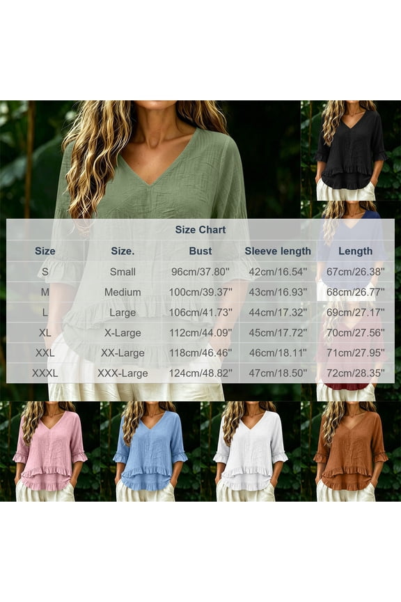 Womens 3/4 Sleeve V Neck Shirts Solid Color Ruffle leeve Blouses Casual Loose Fit Tunic Tops Fall Comfy Lounge Tops White L