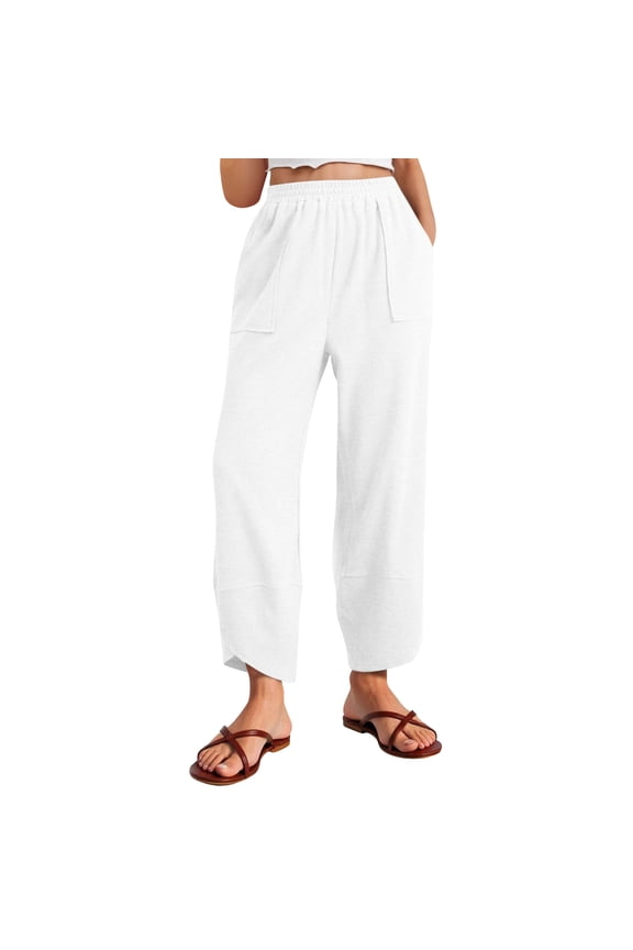 Womens Baggy Wide Leg Pants Elastic Waisted Lounge Ankle Pants Palazzo Harem Pants Casual Lightweight Straight Trousers with Pockets White XL