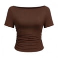 thumbnail image 1 of ctdiral Womens Boat Neck Short Sleeve Crop Tops Solid Color Slim Fit T Shirts Lightweight Soft Tees Summer Fashion Tops Brown XXL, 1 of 9