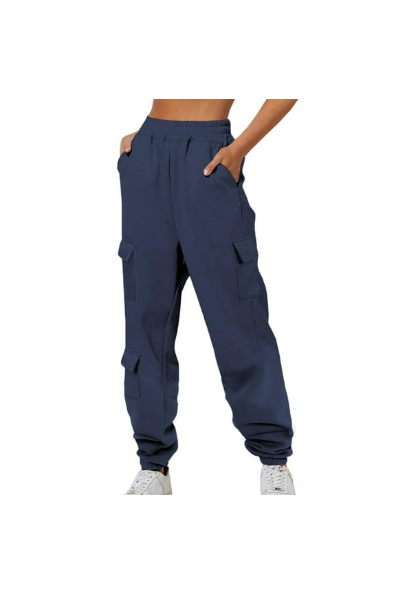 Womens Cargo Sweatpants Fall Thin Fleece Lightweight Tapered Pants Casual Baggy Athletic Joggers with Pockets Elastic Waist Workout Pants Navy M