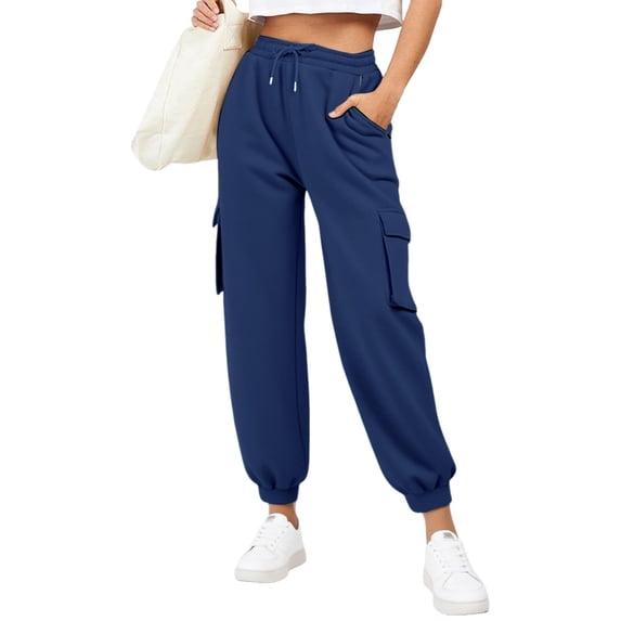 ctdiral Womens Cargo Sweatpants Fall Thin Fleece Loose Fit Joggers Fashion Solid Color Basic Tapered Pants Elastic Waisted Drawstring Long Pants with Pockets Navy XL